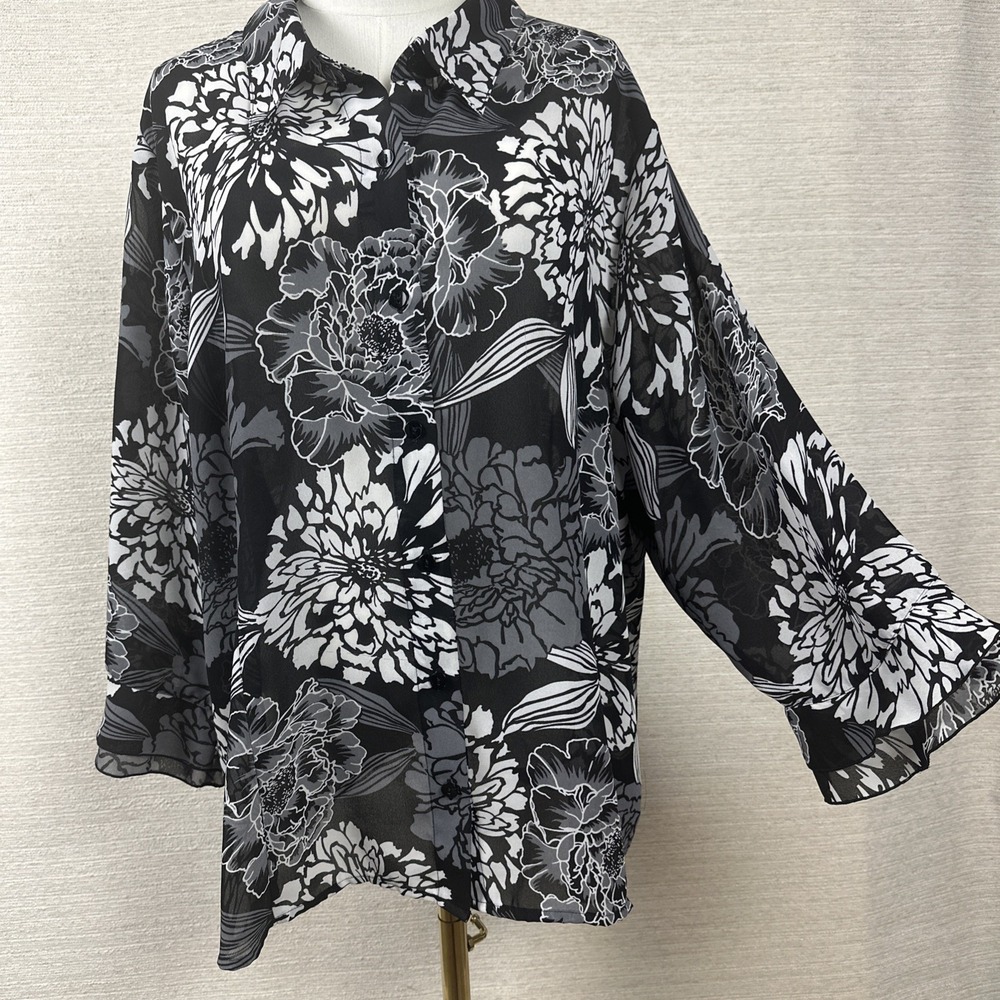 Sheer Floral Bell Sleeve Blouse Artsy Boho Lagenlook Layering Top 22/24 - Picture 2 of 11